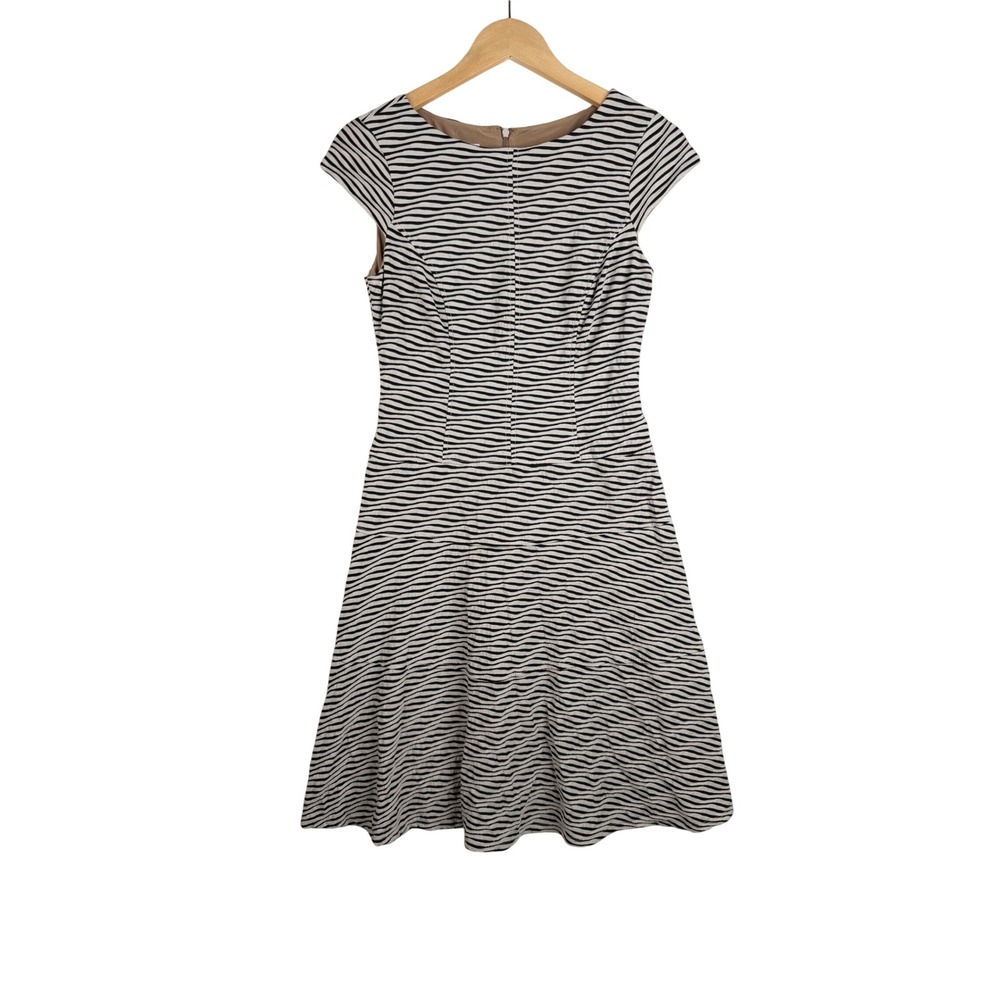 Anne Klein Sz 4 Textured Stripes Cap Sleeves Round Neck A Line Flare Dress Biege